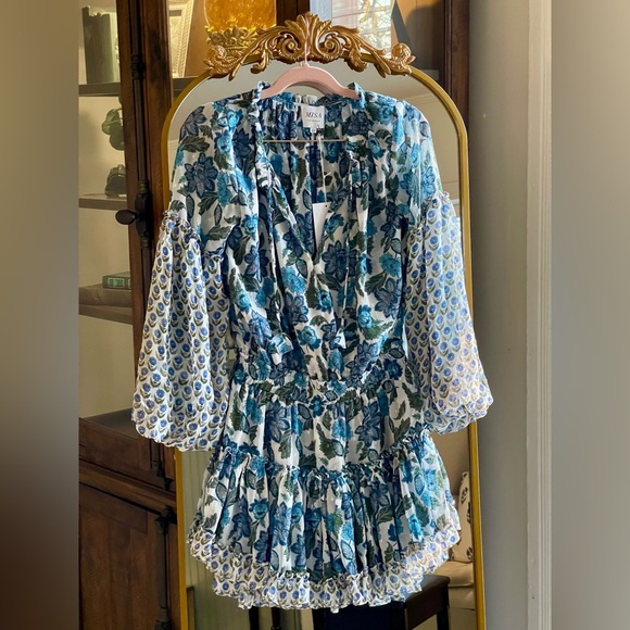 NWT MISA Los Angeles Elisabetta Chic Boho Blue White Floral Blouson Mini Dress - Picture 1 of 10